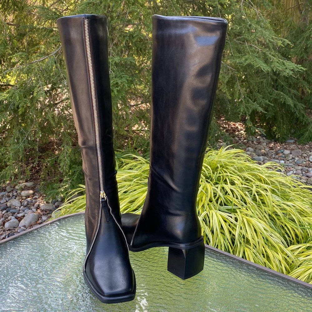 Black Knee-High Block Heel Zip Boots